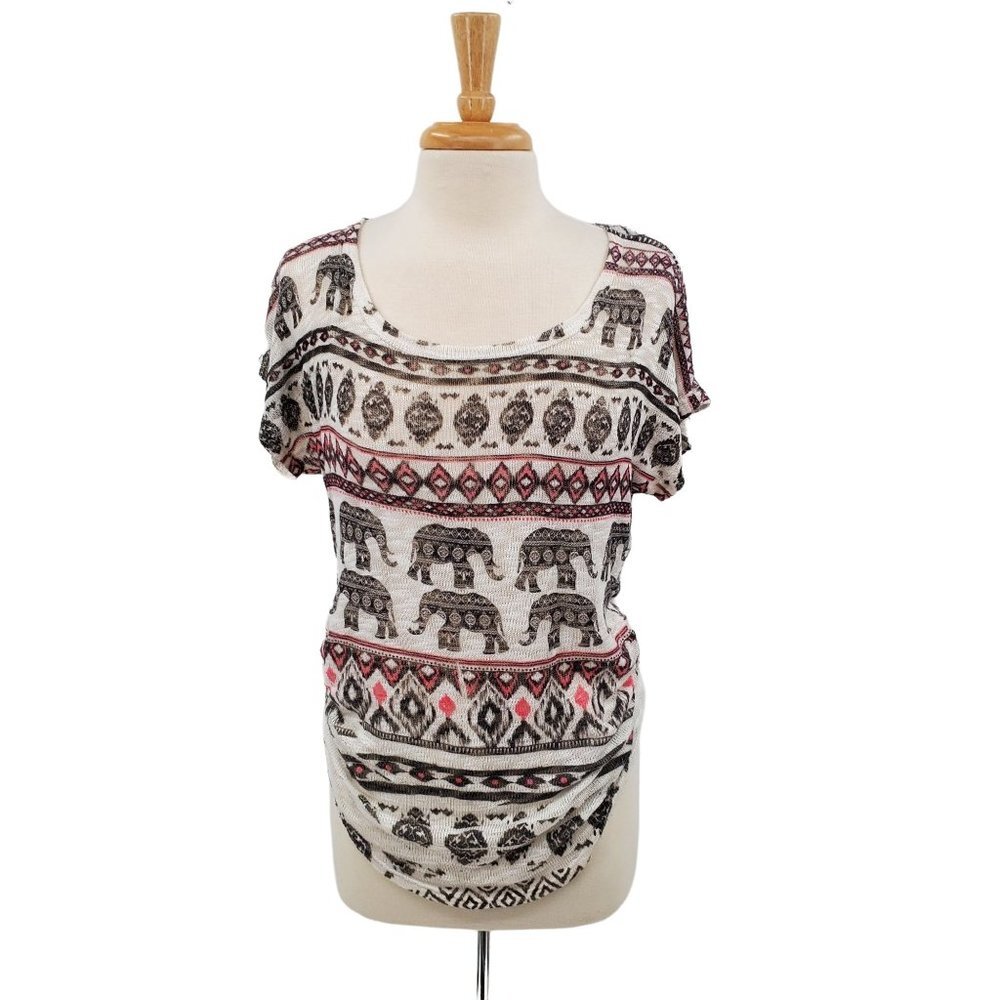 Womens Elephant Print‎ Top Shirt Size L Cap Sleeve Scoop Neck Multicolor Boho